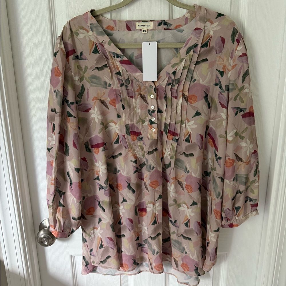 Harper & Joy Floral Blouse 2X Pink Floral Sheer Lightweight NWT